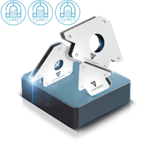 STAHLWERK 3 × Magnet-Schweißwinkel Magnetwinkel Schweißmagnet 45° x 90° x 135°, 11,3 + 22,6 + 34 kg / 25 + 50 + 75 lbs
