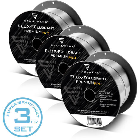 STAHLWERK 3 x alambre de soldadura MIG/MAG premium y alambre tubular Ø 0,8 mm, alambre de soldadura FLUX E71T-GS, en rollo de alambre D100 de 1kg con mandril de 16mm