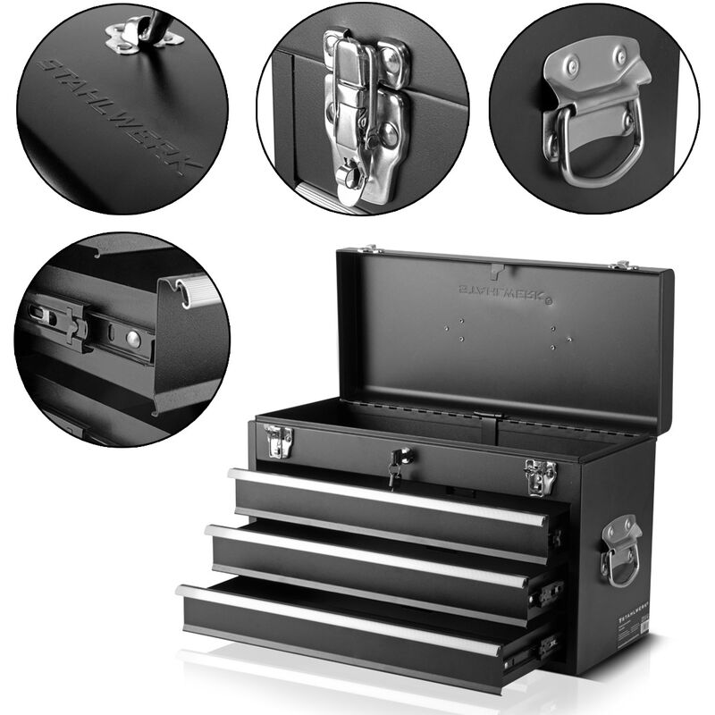 Stahlwerk - abschließbarer Profi-Werkzeugkasten aus Stahlblech mit 3 Schubladen und Top-Loader Fach Werkzeugkoffer Transportbox für Werkzeug