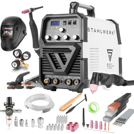 STAHLWERK AC/DC WIG 200 Plasma ST IGBT Vollausstattung Set Kombi 200 Amp WIG MMA Schweißgerät 50 A CUT Plasmaschneider ALU geeignet 7 Jahre Garantie