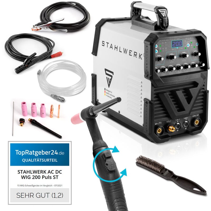 

STAHLWERK AC/DC TIG 200 Puls ST, máquina de soldar con 200 amperio TIG y MMA, muchos parámetros de soldadura ajustables, apta para ALU y chapa fina,