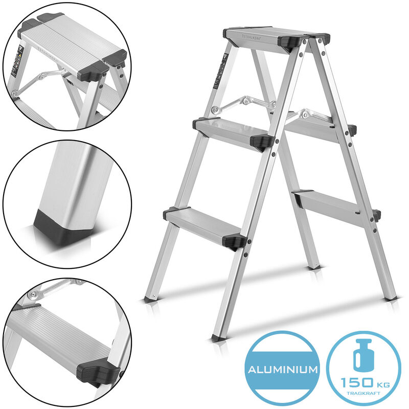 Escabeau en aluminium ALT-150 st jusqu'à 150 kg, 3 marches, hauteur d'appui 72 cm - Stahlwerk