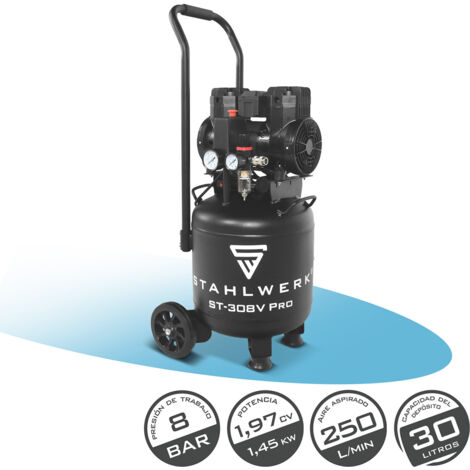 STAHLWERK Compresor con tanque de 30 L (ST-308V Pro) – sin aceite y silencioso, 8 bar, compresor de aire con motor sin escobillas, 1,97 CV, 1,45 kW, 250 l/min, compresor de pistón silencioso