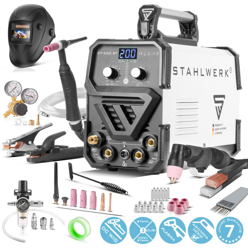 

CT550 ST - equipo completo - máquina de soldar compacta TIG / MMA con cortador de plasma hasta 12mm, 200 amperio TIG/MMA + 50 amperio CUT, 7 años de