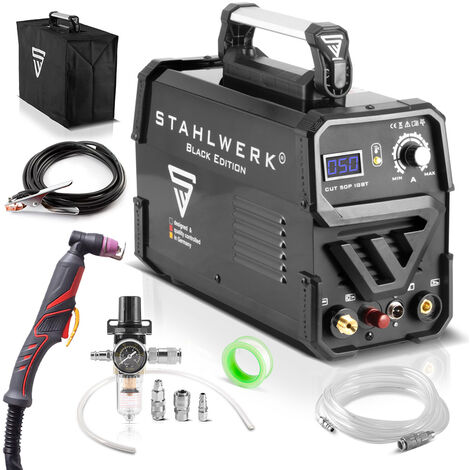STAHLWERK CUT 50 Pilot IGBT Plasmaschneider mit Pilotzündung und 50 Ampere, bis 14 mm Schneidleistung, für Lackierte Bleche und Flugrost geeignet, 7 Jahre Garantie - schwarz