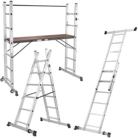 STAHLWERK escalera andamio LG-270 ST 150 kg de capacidad de carga, escalera multiusos 3 en 1 / escalera plegable de aluminio / andamio de trabajo / plataforma de trabajo / andamio con peldaños antides