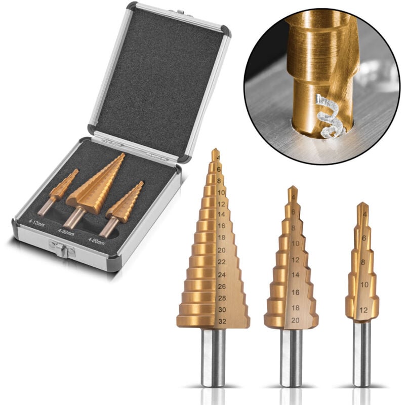 Stahlwerk - Forets étagés hss, jeu de 3 forets avec revêtement TiN et boîte aluminium