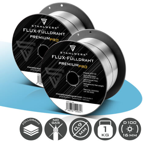 STAHLWERK Fülldraht 2er Set FLUX E71T-GS 0,9 mm 1 kg Drahtrolle D100 MIG MAG