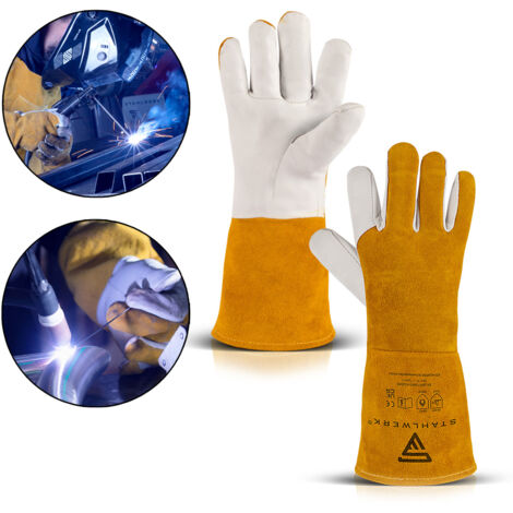 STAHLWERK gants de soudage vêtements de protection en cuir véritable pour TIG / TIG / MIG / MAG / MMA / Plasma, résistant à la chaleur et au feu, blanc-jaune