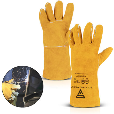 STAHLWERK Gants de soudeur en cuir véritable, résistants à la chaleur et robustes