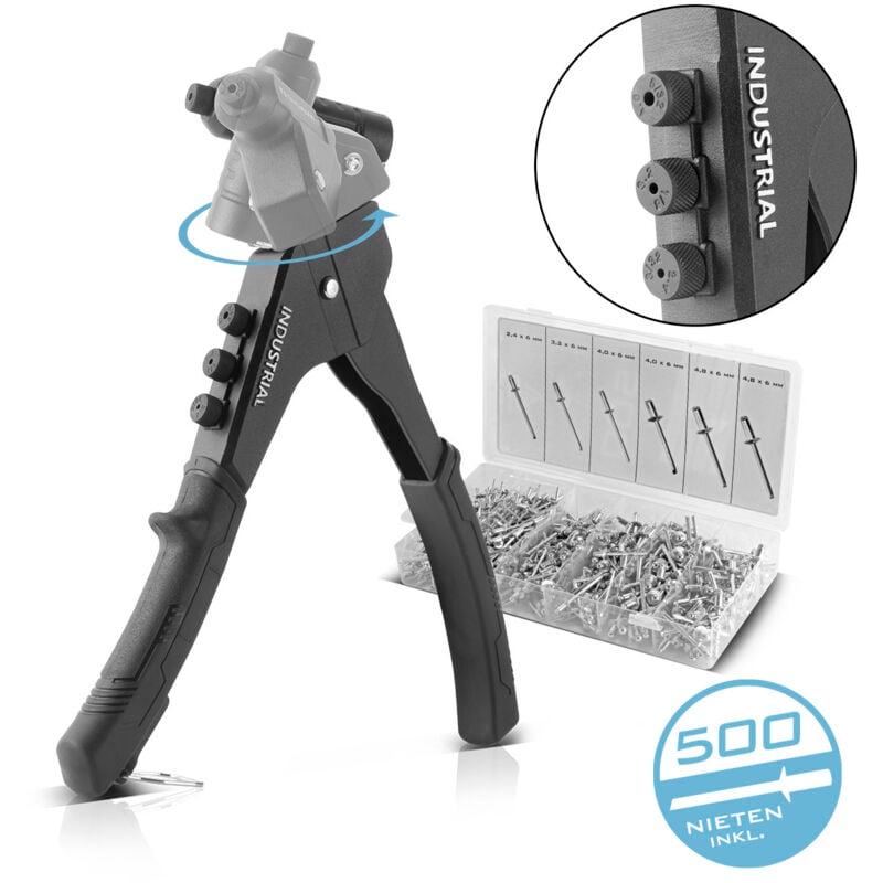 STAHLWERK Jeu de pinces à rivets 360° Pince à rivets à levier à une main + 500 rivets