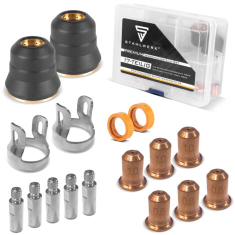 STAHLWERK Juego de accesorios de desgaste para sopletes de corte por plasma NS/S65 - Juego de accesorios de 17 piezas con electrodos, boquillas de corte 0,8/1,0 mm, tapas protectoras, distribuidor de 