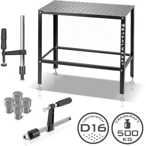 STAHLWERK Juego de mesa de soldar - Robusta mesa de soldar y de montaje con sistema de taladros D16 y encimera de 3 mm como kit de bricolaje en un juego con tornillo y abrazaderas de sujeción así como