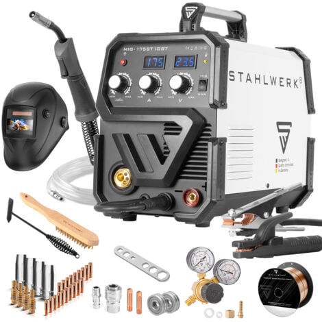 STAHLWERK MIG 175 ST IGBT - equipo completo - máquina de soldar MIG MAG con gas de protección 175 A, para FLUX, MMA soldadura de electrodos, blanca, 7 años de garantía