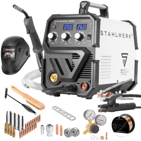 STAHLWERK MIG 200 ST IGBT- equipo completo - MIG MAG máquina de soldar con gas de protección con 200 A, adecuada para FLUX, MMA soldadura de electrodos, 7 años de garantía