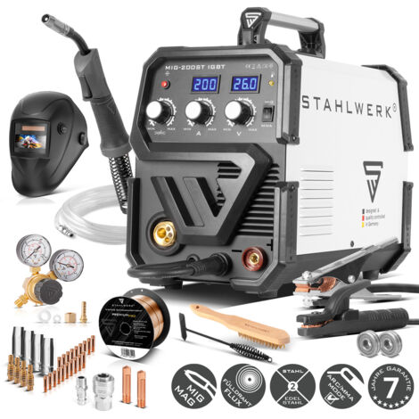 STAHLWERK MIG MAG 200 ST IGBT- équipement complet - Machine à souder MIG MAG sous gaz protecteur avec 200 A, fil fourré FLUX adapté, avec MMA E-hand, 7 ans de garantie