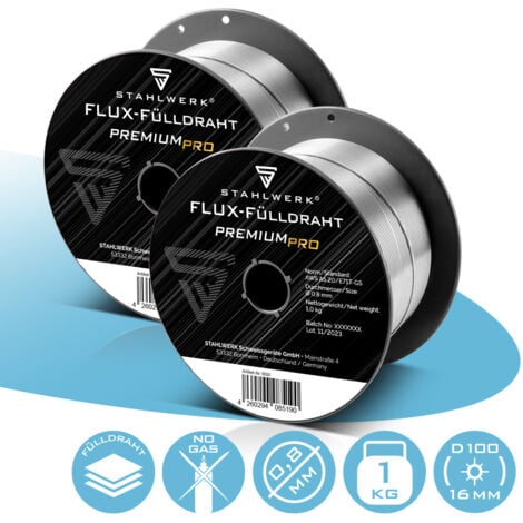 STAHLWERK MIG MAG fil fourré Premium Ø 0,8 mm, fil FLUX fil de soudage E71T-GS, bobine D100 1 kg à mandrin de 16 mm, fil universel jeu de 2