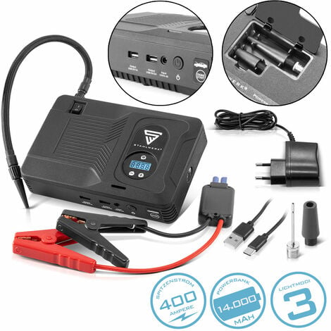 Starthilfe-Powerbank 5 in 1, Kompressor, USB, 12V, 20 Ah, 1000A