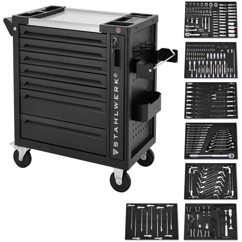 

STAHLWERK Phoenix 260 Carro de taller con 7 cajones y compartimento lateral con un surtido de herramientas premium de 260 piezas de cromo vanadio de