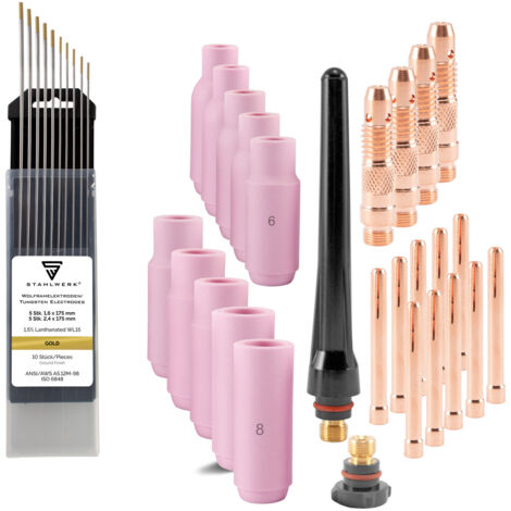 STAHLWERK Piezas de desgaste 36 piezas - manguitos de fijación + carcasa + boquillas cerámicas + electrodos de tungsteno para antorchas de soldadura TIG WP-26