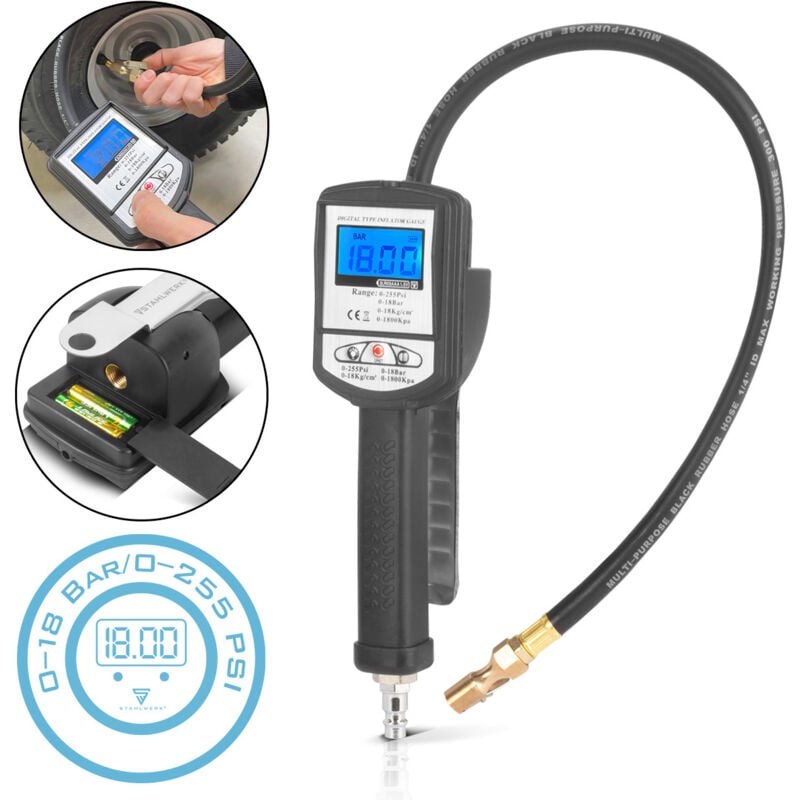 Stahlwerk - Pistolet numérique de gonflage de pneus à air comprimé DRP-18 st Plage de mesure 0-18 bar