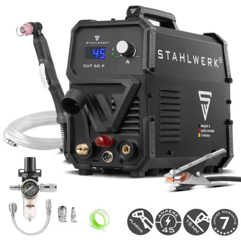 STAHLWERK Plasmaschneider CUT 50 P – Plasmaschneidgerät mit 15 bis 45 A, Schneidleistung bis 15 mm, Plasma Cutter mit HF-Pilotzündung, Smart-Kühlung, einfache Bedienung mit viel Zubehör