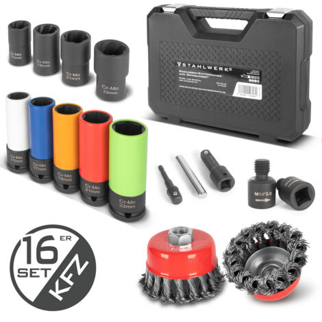 STAHLWERK Radnaben-Service und Felgen-Demontage-Set – 16-teilig, 5 Schonnüsse für Alufelgen und 4 Ausdrehschlagnüsse (17-22 mm), 1/2" Antrieb, 2 Topf-Drahtbürsten 65 und 75 mm, Adapter M14 x 2,0