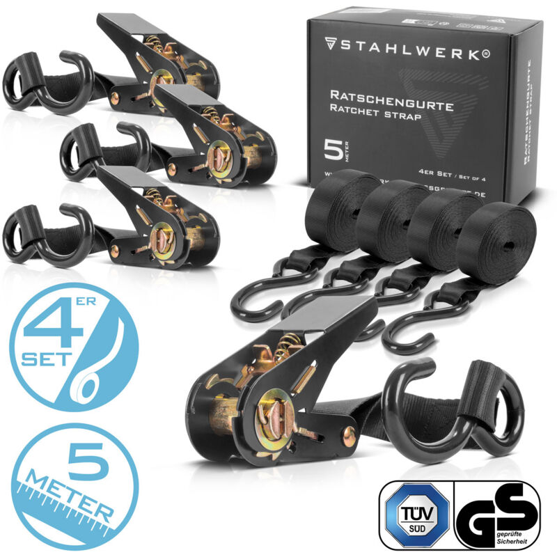 Sangle à cliquet avec crochet, set de 4 pièces 5 m x 25 mm 800 kg Sangle d'arrimage - Stahlwerk
