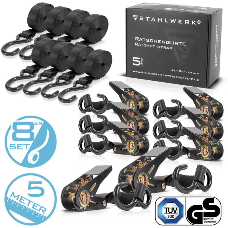 STAHLWERK Sangle à cliquet avec crochet, set de 8 pièces 5 m x 25 mm 800 kg Sangle d'arrimage
