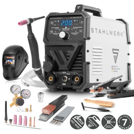 STAHLWERK Schutzgasschweißgerät 2-in-1 Kombi DC WIG 200 ST – Vollausstattung – WIG & MMA-Funktion (E-Hand/ARC) bis 200A, HF-Zündung, Hotstart, Anti-Stick, Stahl, Edelstahl, Kupfer, Messing, kein Alu