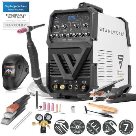STAHLWERK Schutzgasschweißgerät AC/DC WIG 200 Puls ST – Vollausstattung – IGBT-Inverter mit AC-Modus, MMA (E-Hand/ARC) bis 200 A, HF-Zündung, Pulsfunktion, 2T/4T-Modus, Hotstart, Alu & Dünnblech