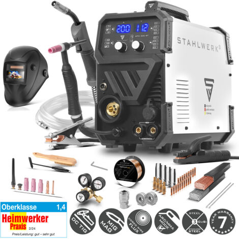 STAHLWERK Schweißgerät 3-in-1 Kombi MTM-200 ST – Vollausstattung – WIG, MIG/MAG, MMA/E-Hand bis 200 A, synergischer Drahtvorschub, 4-Rollen-Antrieb, HF-Zündung, Fülldraht geeignet, Stahl, Dünnblech