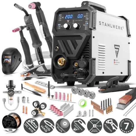 STAHLWERK Schweißgerät 4-in-1 Kombi CTM-250 ST – Vollausstattung – WIG, MIG/MAG, MMA (E-Hand/ARC), FLUX (Fülldraht) bis 200 A, CUT (Plasma) bis 45 A, Schneidleistung bis 14 mm, Parameter einstellbar