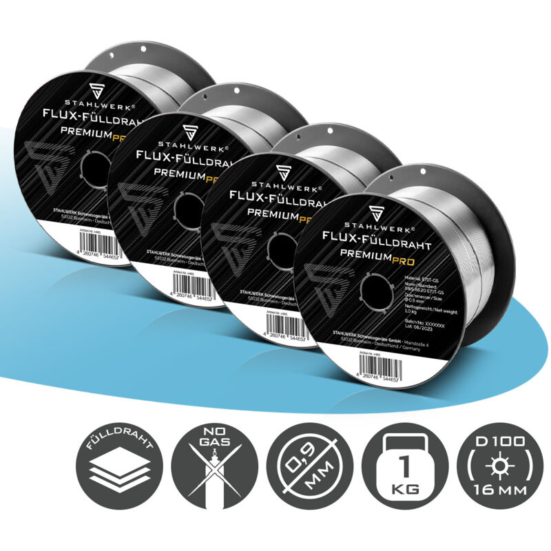 STAHLWERK Set di 4 fili animati FLUX E71T-GS 0,9 mm 1 kg Bobina di filo D100 MIG MAG