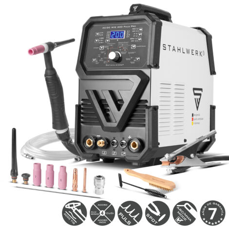 STAHLWERK Soldador AC/DC TIG 200 Puls Pro – Inverter combinado con 200 A, función MMA (Electrodo/ARC), función de pulso, memoria de trabajos (Jobs), Hotstart, Anti-Stick, para aluminio y chapa fina