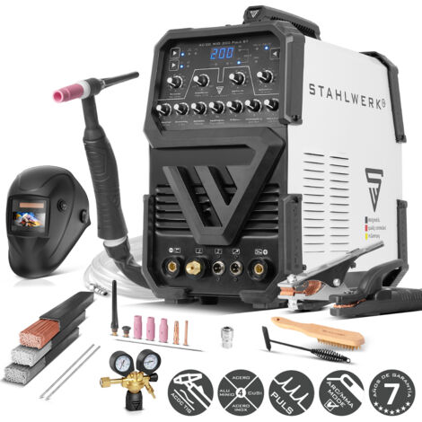 STAHLWERK Soldador AC/DC TIG 200 Puls ST – Equipo completo – Inverter IGBT con modo AC, MMA (Electrodo/ARC) hasta 200 A, encendido HF, función de pulso, modo 2T/4T, Anti-Stick, aluminio y chapa fina