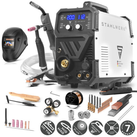 STAHLWERK Soldadora combinada 3 en 1 MTM-200 ST – Equipo completo – TIG, MIG/MAG, MMA/Electrodo hasta 200 A, hilo sinérgico, 4 rodillos, encendido HF, apto para hilo hueco, acero, chapa fina