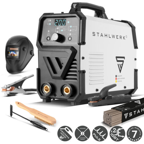 STAHLWERK Soldadora de electrodos ARC 200 Puls Pro – Equipo completo – Soldadura sin gas protector, MMA, Electrodo, Inverter Lift-TIG 200 A, Hotstart, Arc Force, Antistick, IGBT, función de pulso