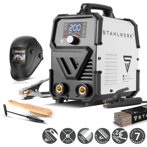STAHLWERK Soldadora de electrodos ARC 200 Synergic Pro Digital – Equipo completo – MMA (Electrodo) 200 A, soldadura sin gas protector, Inverter Lift-TIG, Hotstart Antistick refrigeración inteligente