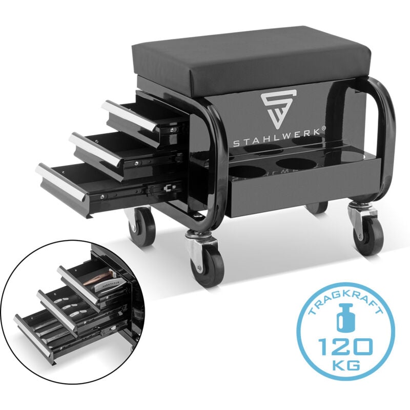 Tabouret d'atelier mwh 3 st avec capacité de charge de 120 kg Siège d'atelier Tabouret à roulettes - Stahlwerk