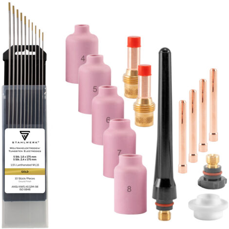 STAHLWERK WIG Gaslinsen Schweißzubehör mit Spannhülsen + Keramikdüsen + Wolframelektroden, Verschleißteile für WP-26 WIG-Schweißbrenner, Set 24-teilig