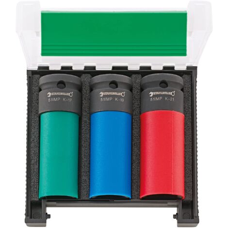 Stahlwille 51IMP K/3 Impact - Set di chiavi a bussola da 1/2", 3 pezzi, L 17, 19, 21 mm, codificati a colori, per proteggere i cerchi in lega durante il cambio delle ruote