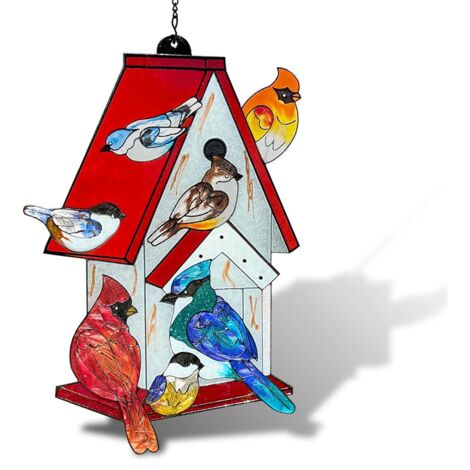 Stained Glass Window Hanging - Sun Catchers Indoor Cardinal Gifts,Hand-Painted Birdhouse