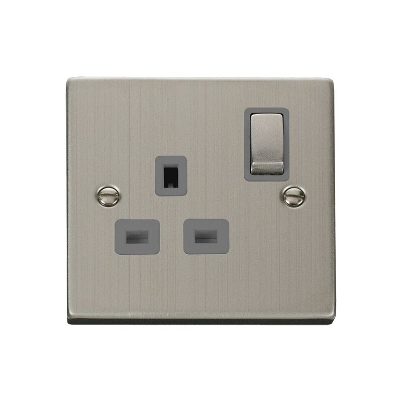 Stainless Steel 1 Gang 13A DP Ingot Switched Plug Socket - Grey Trim - SE Home