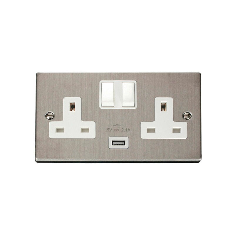 Se Home - Stainless Steel 2 Gang 13A 1 usb Twin Double Switched Plug Socket - White Trim