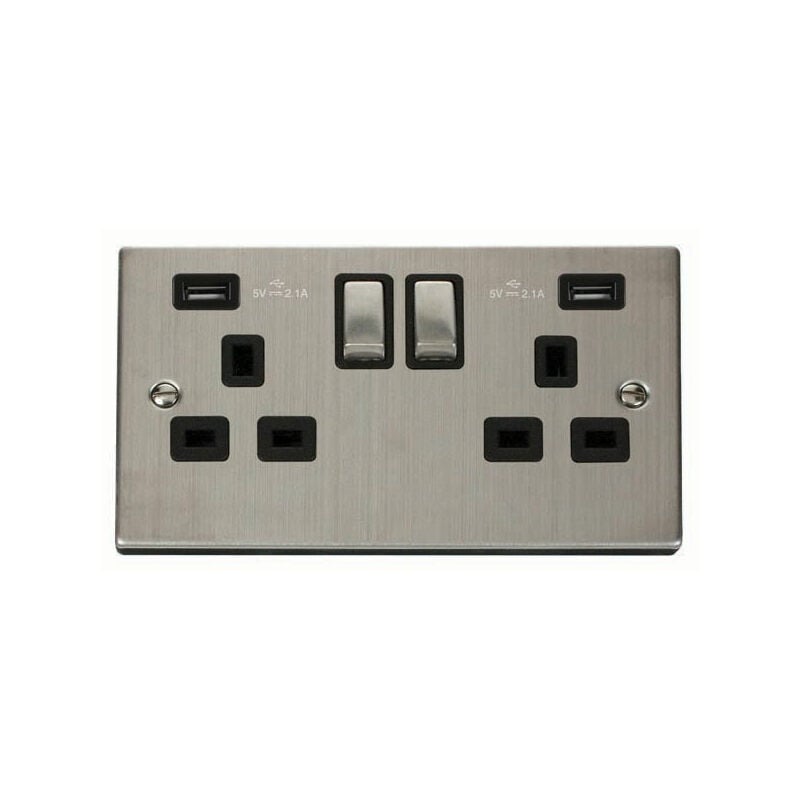 Se Home - Stainless Steel 2 Gang 13A dp Ingot 2 usb Twin Double Switched Plug Socket - Black Trim