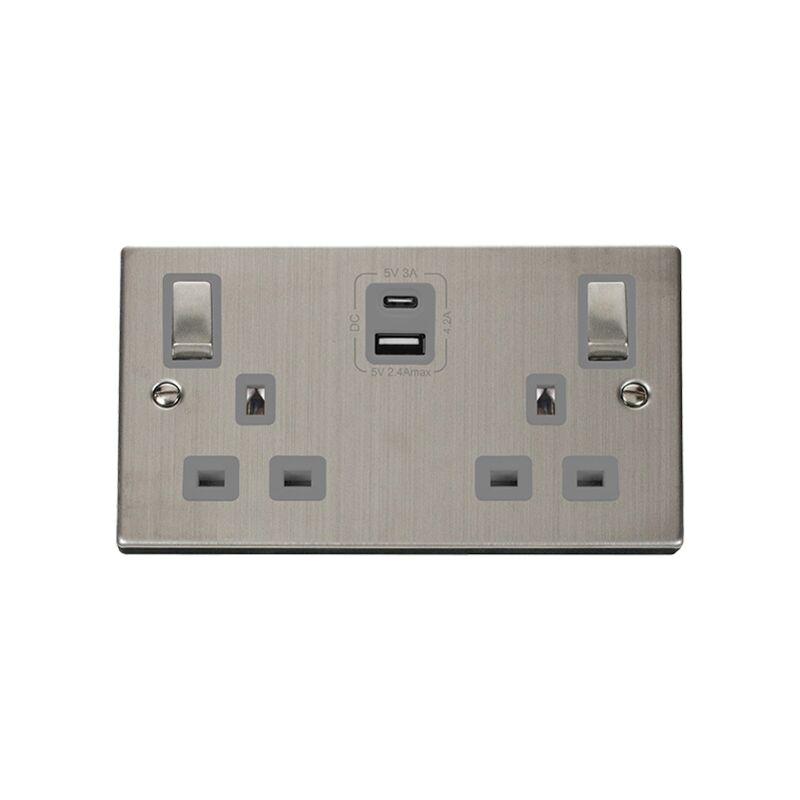 Se Home - Stainless Steel 2 Gang 13A dp Ingot Type a & c usb Twin Double Switched Plug Socket - Grey Trim