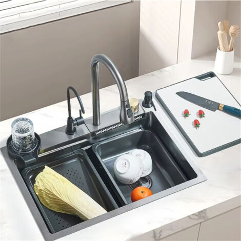 Stainless steel 304 waterfall kitchen sink, 60x45 cm, with integrated tap including soap dispenser, water filter, and cup holder