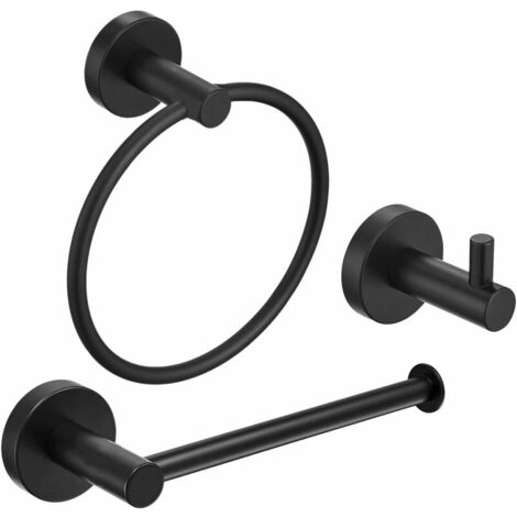 Stainless Steel Bathroom Hardware Set Black 3 Pieces Bathroom Hardware Accessories Sets Wall Mounted Double Towel Ring Towel Holder Hook Toilet Paper Holder