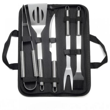 Stainless Steel BBQ Tools: Tongs, Meat Fork, Basting Brush, Spatula, Knife + Carry Bag for Picnic, Camping, Barbecue